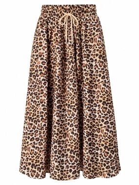 Umgee Leopard Print Drawstring Smocked Waist Midi Skirt Latte Size Small